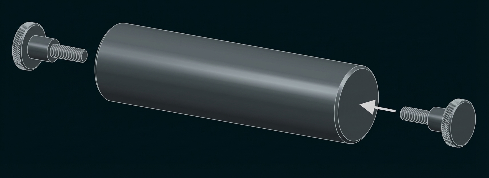 Zylindrischer Rohrkörper mit zwei Schrauben an den Enden, Pfeil zeigt auf eine Schraube